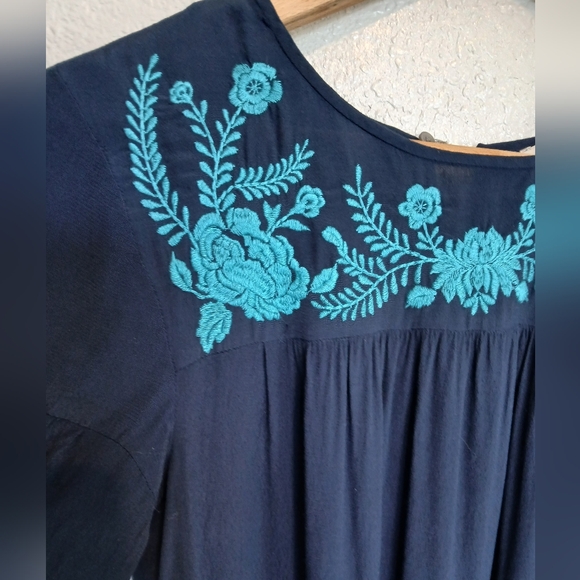 LOFT Navy Blue & Teal Embroidered Floral Drop Waist Dress Size Small - Picture 4 of 8